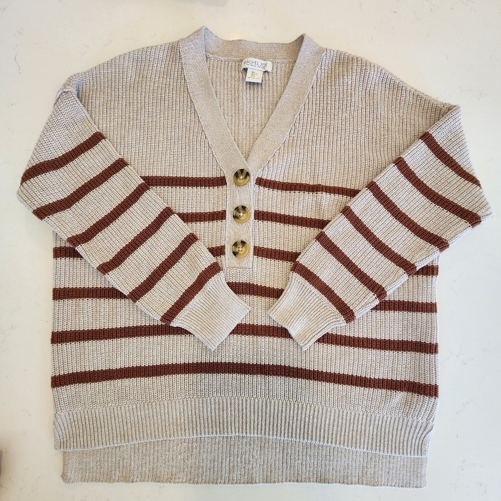 Rachel Zoe Tan Brown Striped Pullover Henley Knit Sweater Women's Large L EUC